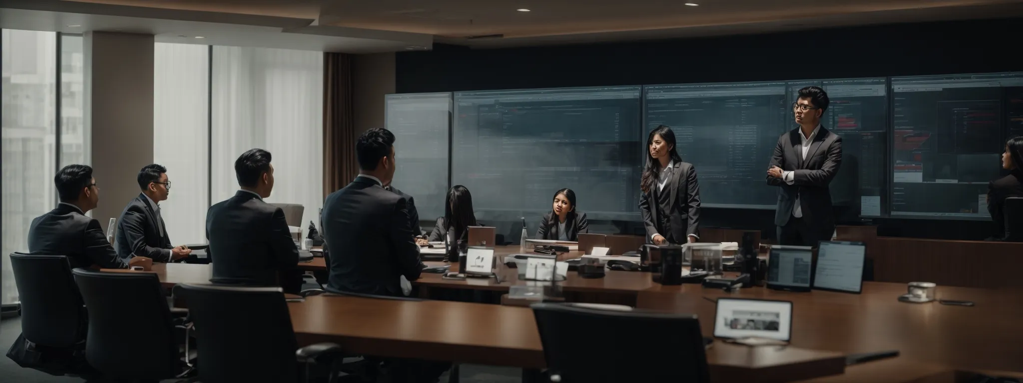 a strategic meeting room with digital marketing professionals analyzing data on a large screen.