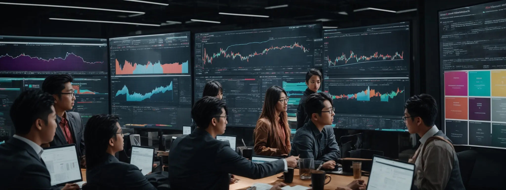 a bustling digital marketing team intensely strategizes around a large screen displaying colorful analytics charts, reflecting a multi-channel campaign.