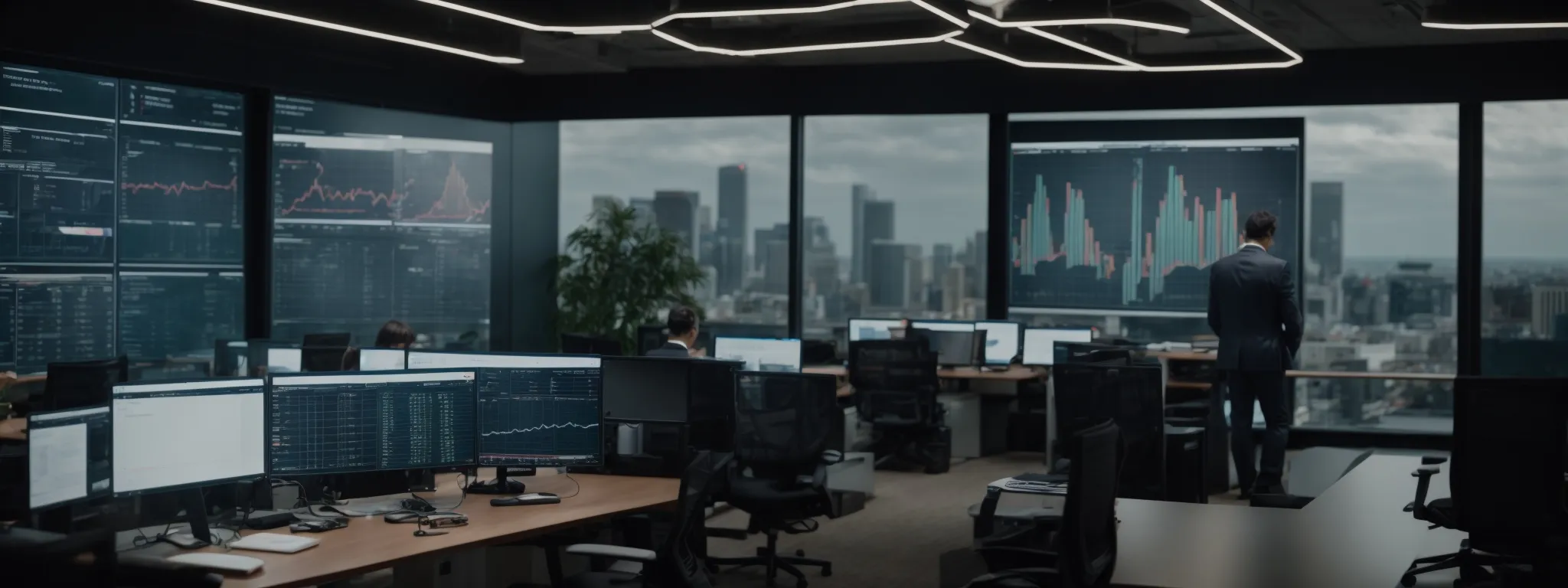 a high-level executive analyzes comprehensive digital analytics dashboards on a screen in a modern office environment.