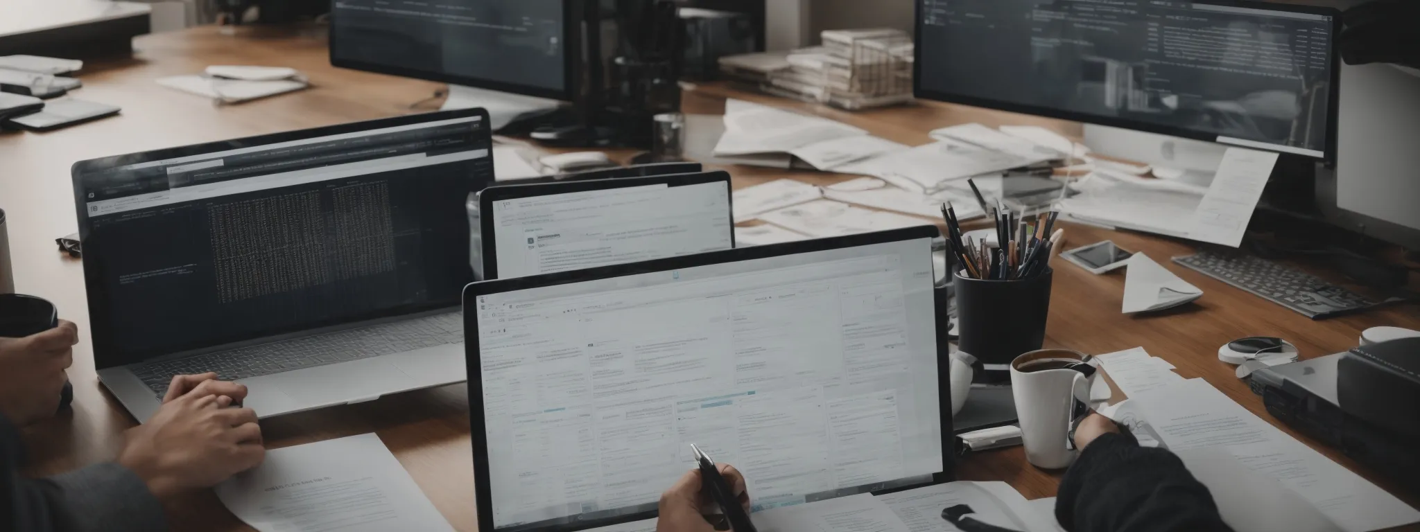 a person at a modern desk, analyzing website seo data on a computer screen while surrounded by digital marketing strategy notes.