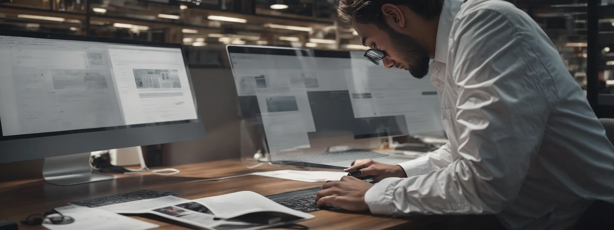 an architect gazes thoughtfully at a laptop, reflecting on a web design layout emphasized by a magnifying glass highlighting seo elements.