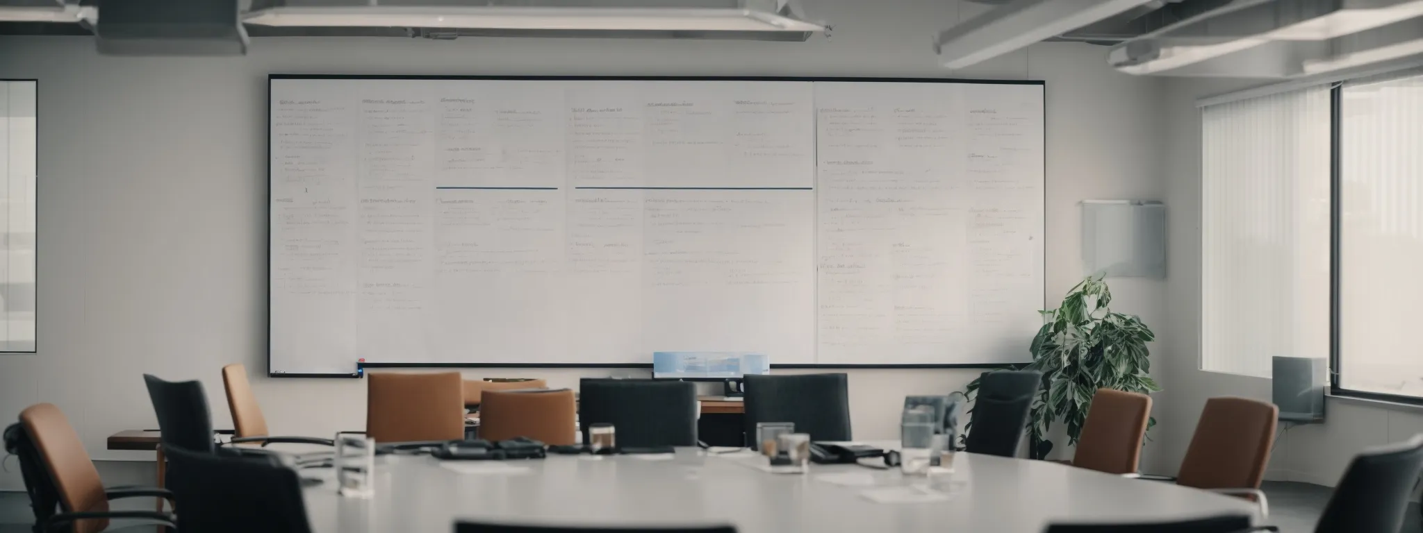 a strategic meeting room with a large whiteboard full of written search terms and analytical charts.