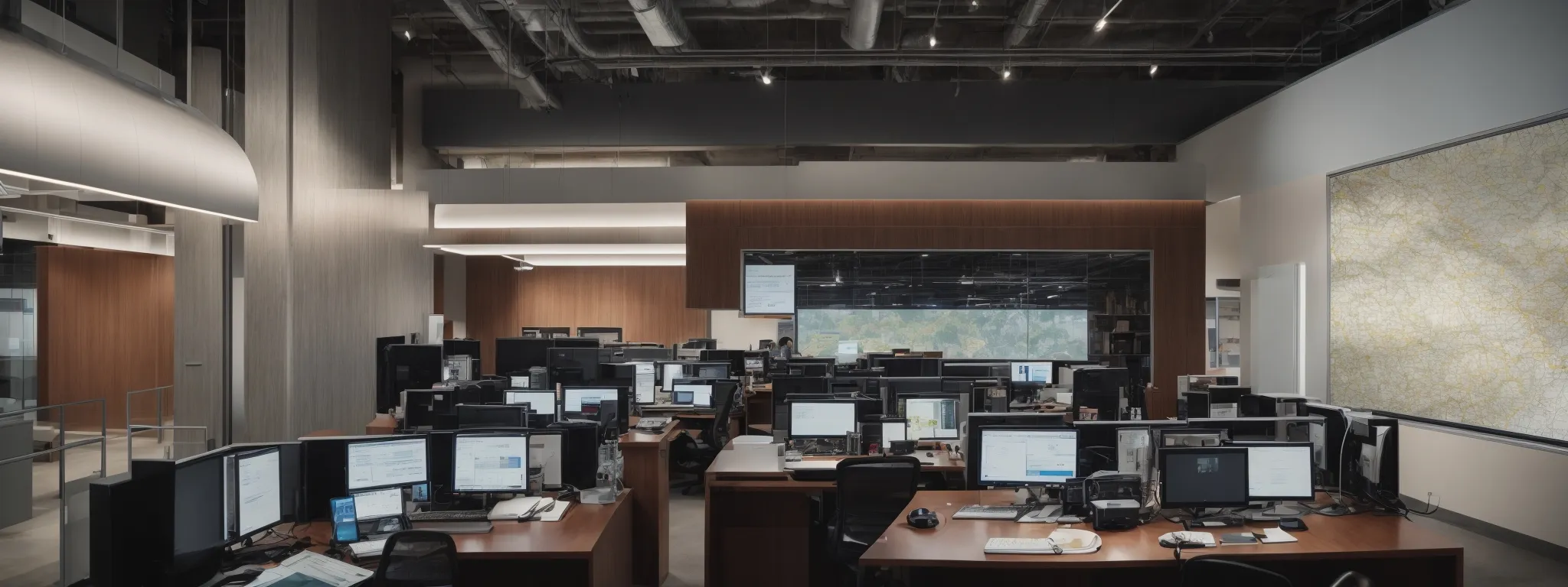 a well-organized modern office with computers displaying maps and local search results.
