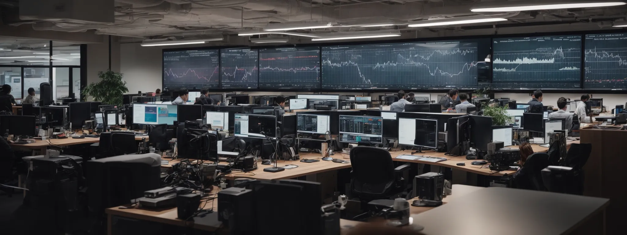 a panoramic view of a bustling digital marketing office with multiple screens displaying seo analytics and graphs.