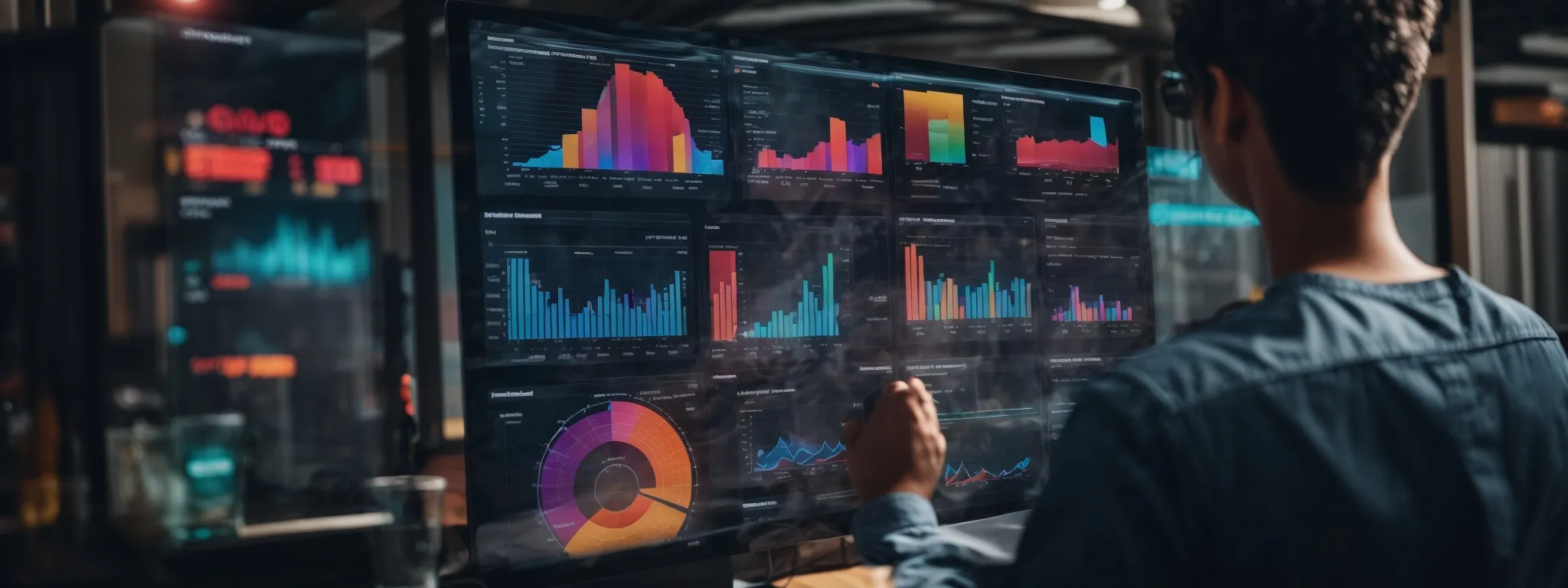 a digital marketer gazes at a vibrant analytics dashboard, illustrating social media trends and engagement statistics.