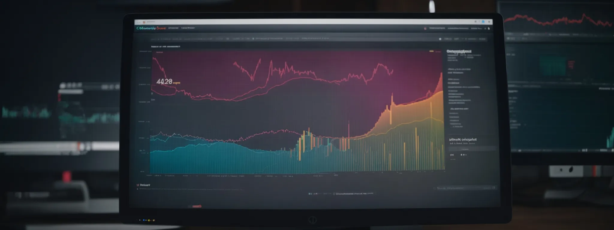 a computer screen displaying colorful analytics graphs and a search engine results page.