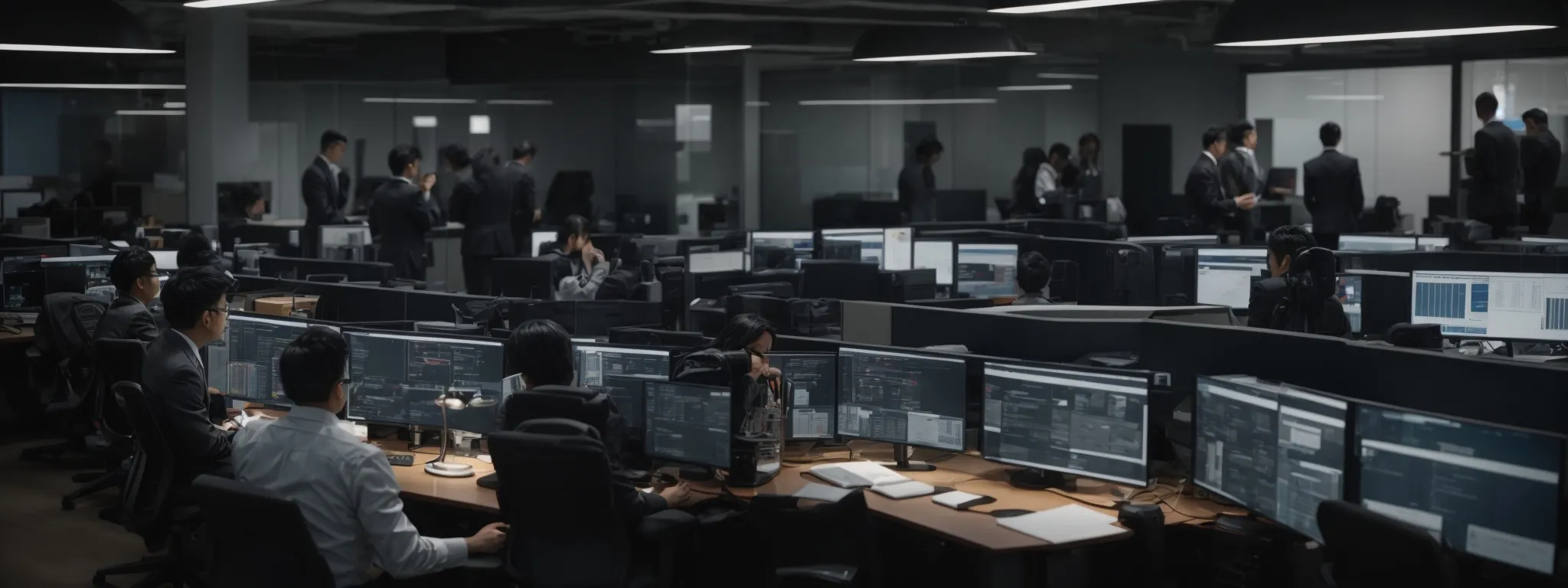 a team of professionals intently focuses on computer screens in a modern office, strategizing a coordinated response to an unfolding crisis online.