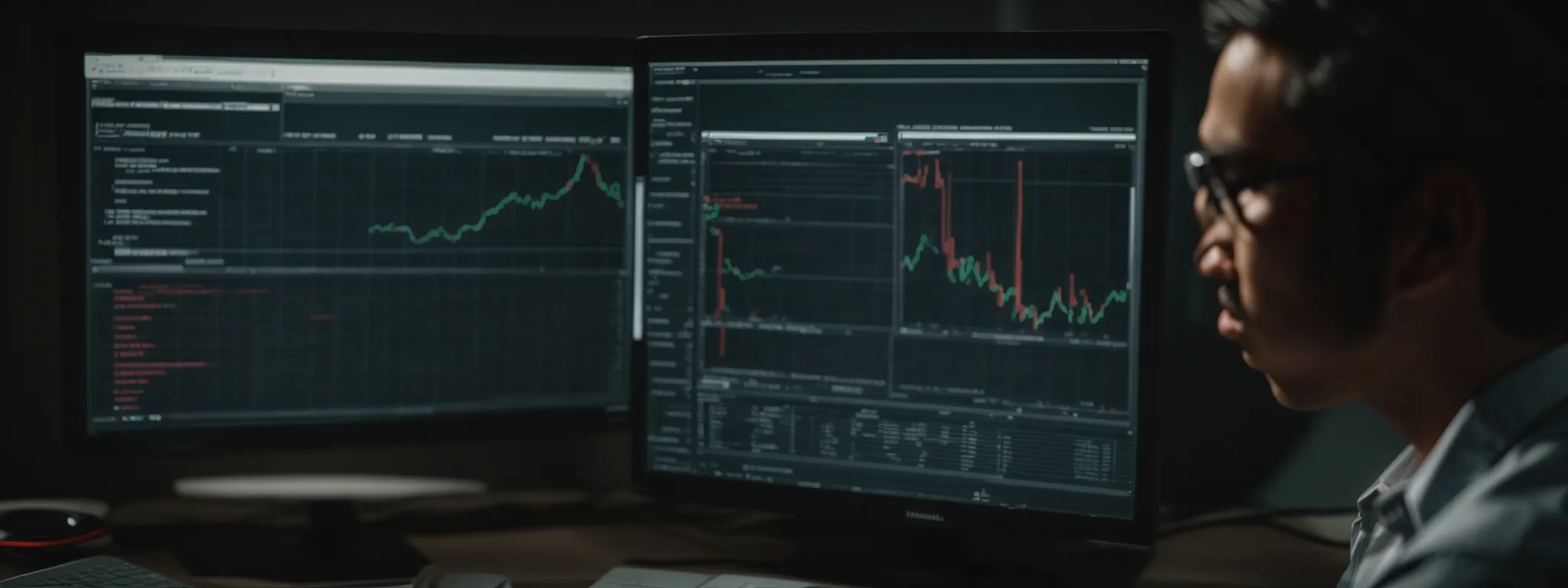 a young professional intently analyzes data on a computer screen showing website traffic statistics.