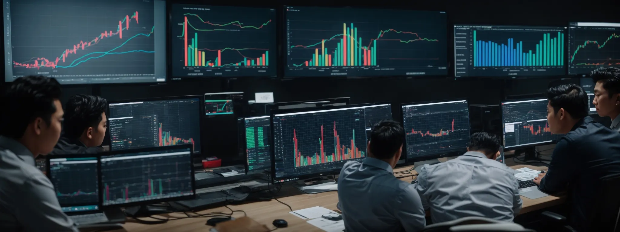 a digital marketing team intently strategizes around a large computer screen displaying colorful charts and graphs.