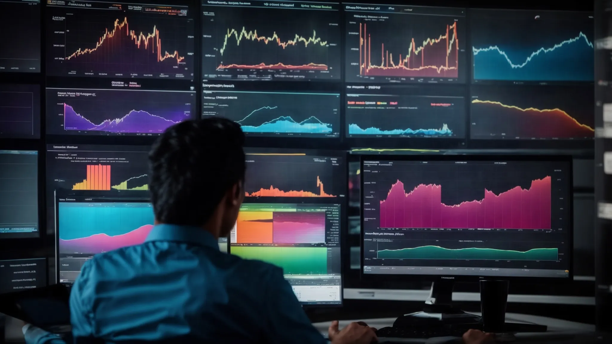 a business professional analyzing colorful graphs and charts on a computer screen, representing seo performance metrics.
