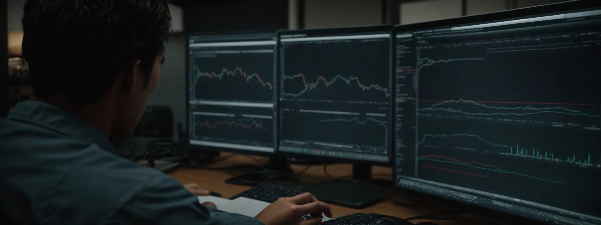 a person sitting at a computer analyzing charts and graphs that outline seo performance metrics.