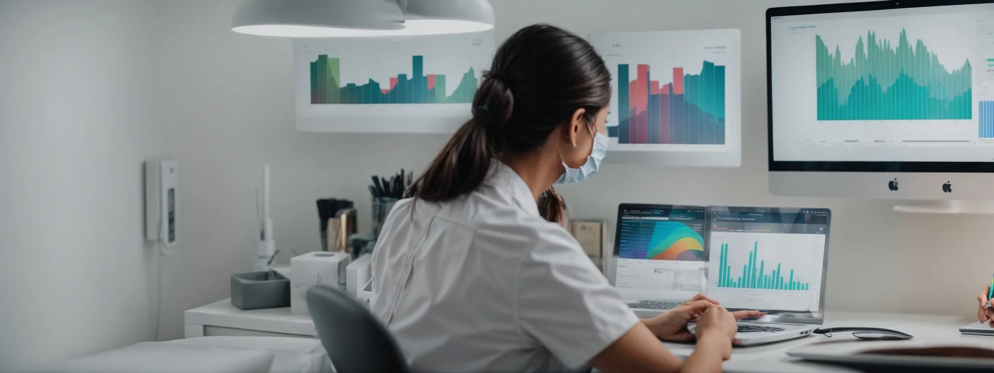 A person in a white lab coat works at a desk with a laptop and monitor displaying colorful data charts and graphs related to SEO for Dentists in an office setting.