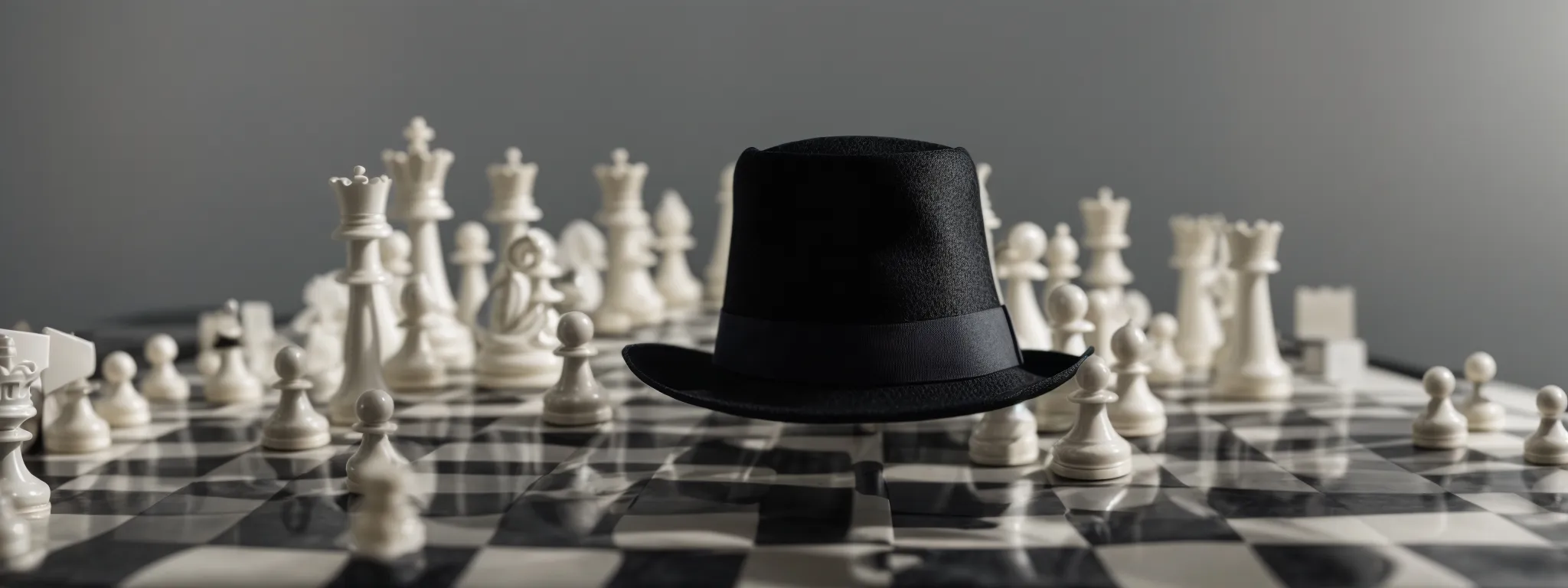 a chessboard with one piece wearing a small black hat, opposing an array of white pieces, under a spotlight.