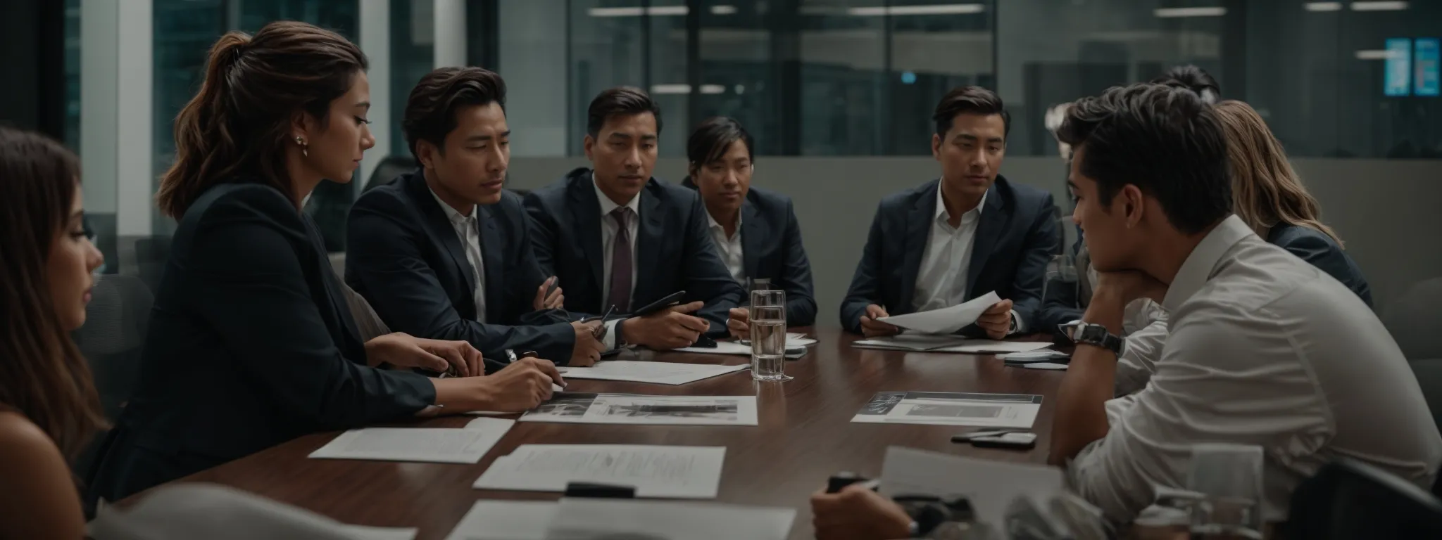 people at a conference table discussing strategic plans over a website layout.