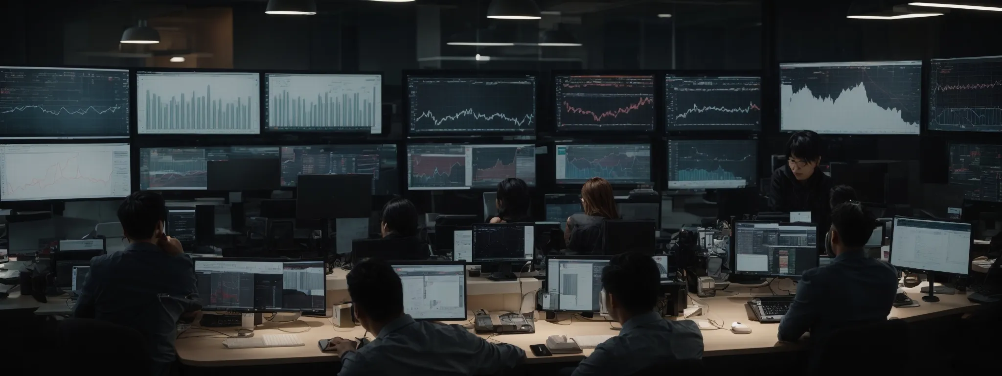 a professional team gathered around a computer monitor, analyzing charts and graphs on seo performance.
