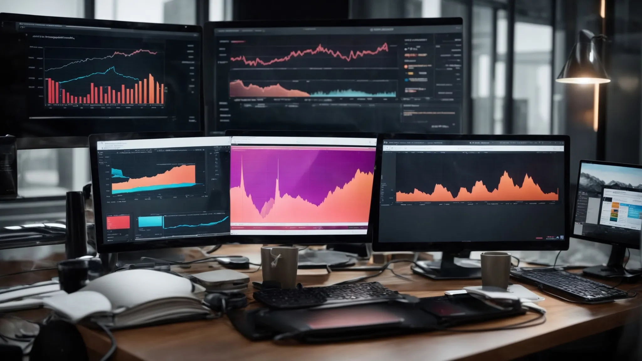 a diverse array of digital devices displaying graphs and analytics on their screens, arranged on a modern desk.