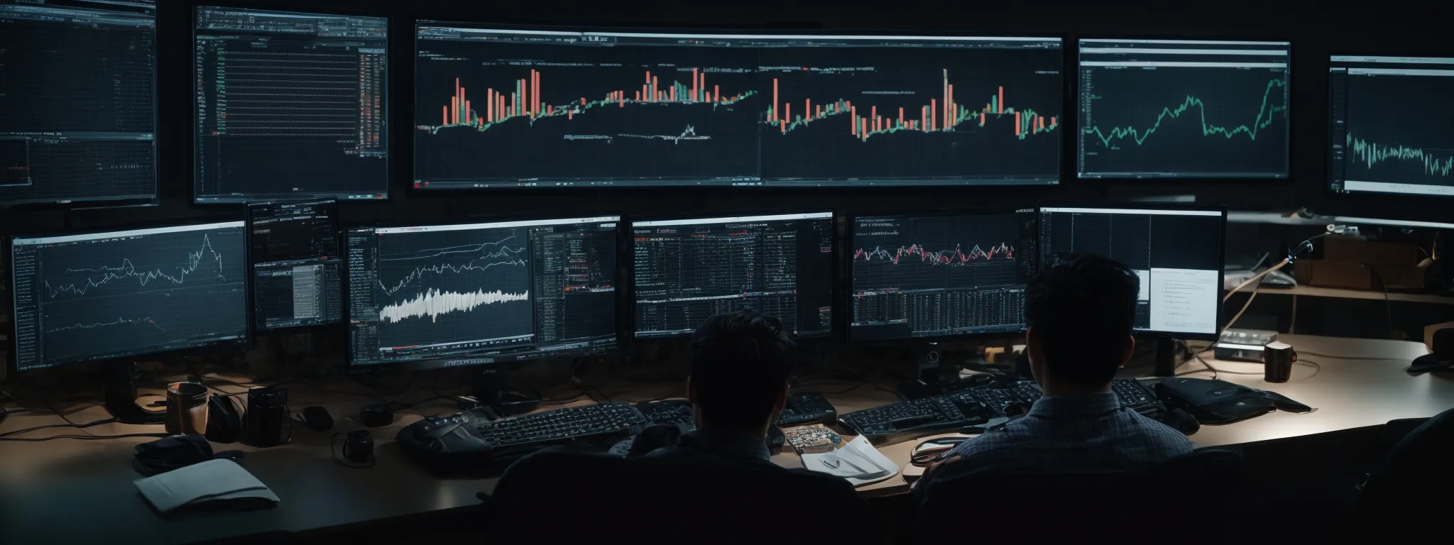 a person sitting at a computer with multiple monitors displaying various charts and analysis software.