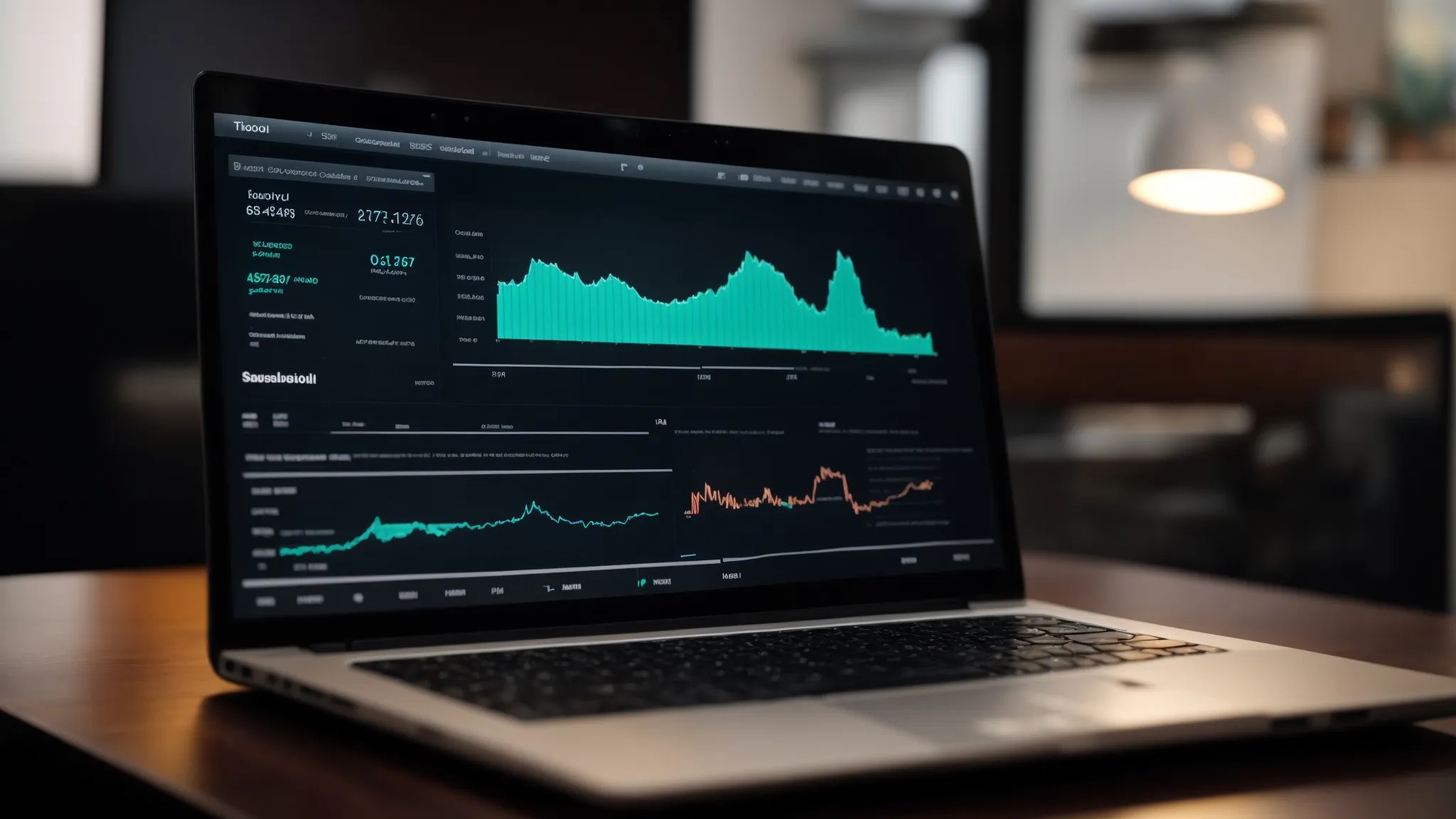 a laptop open to a video analytics dashboard with charts and graphs on the screen.