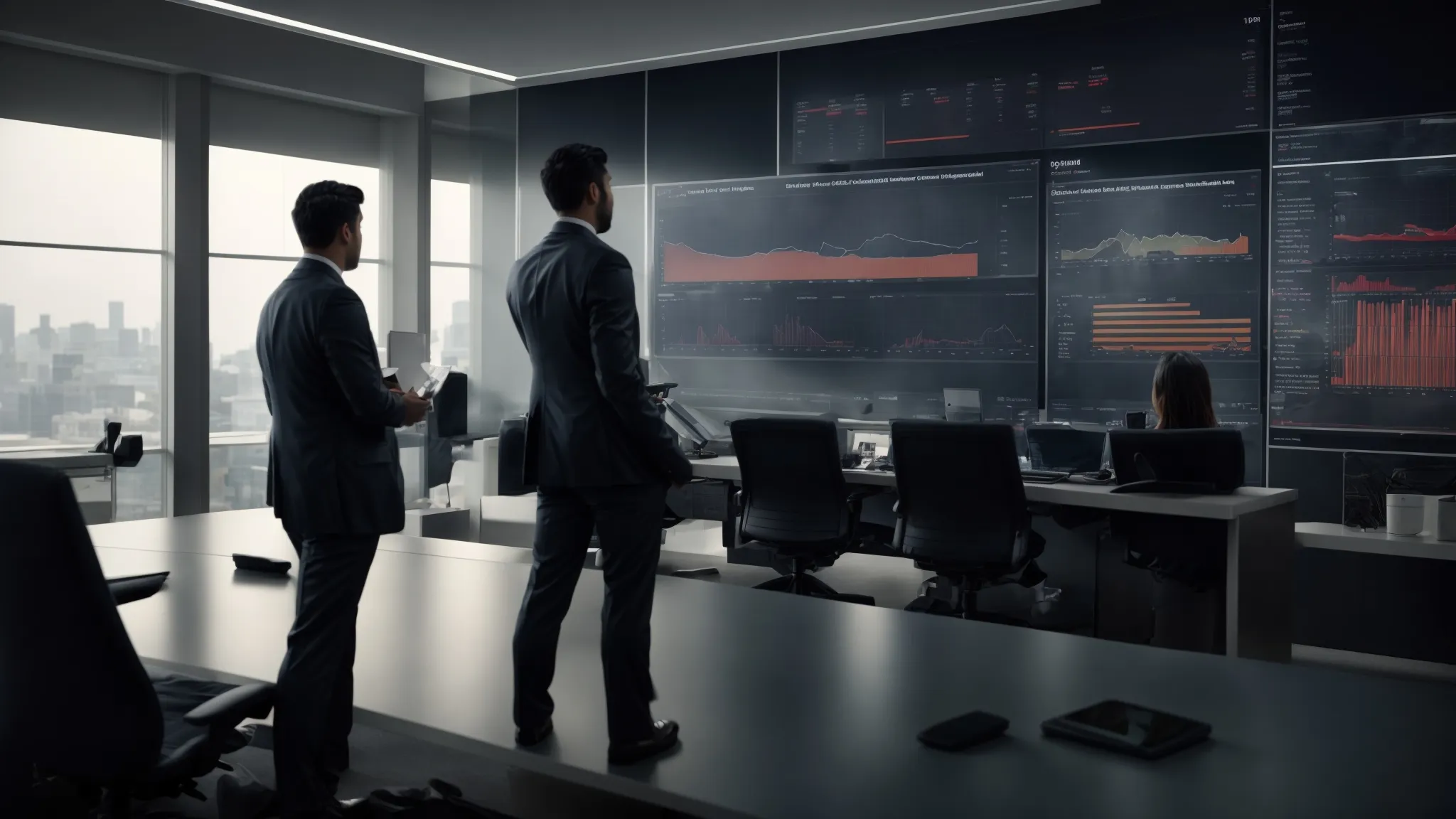 a business team examines a large data analytics dashboard on a screen in a modern office, strategizing for search engine optimization.