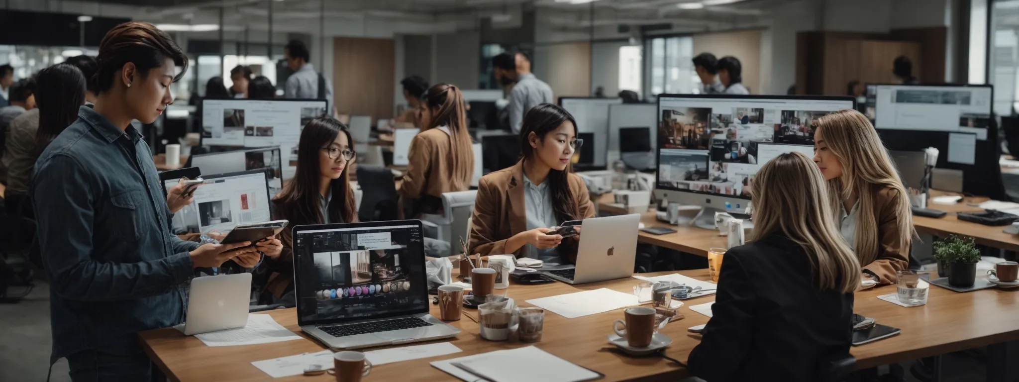 a bustling social media marketing team crafts a strategy around a table with various digital devices displaying social media platforms in a modern office.