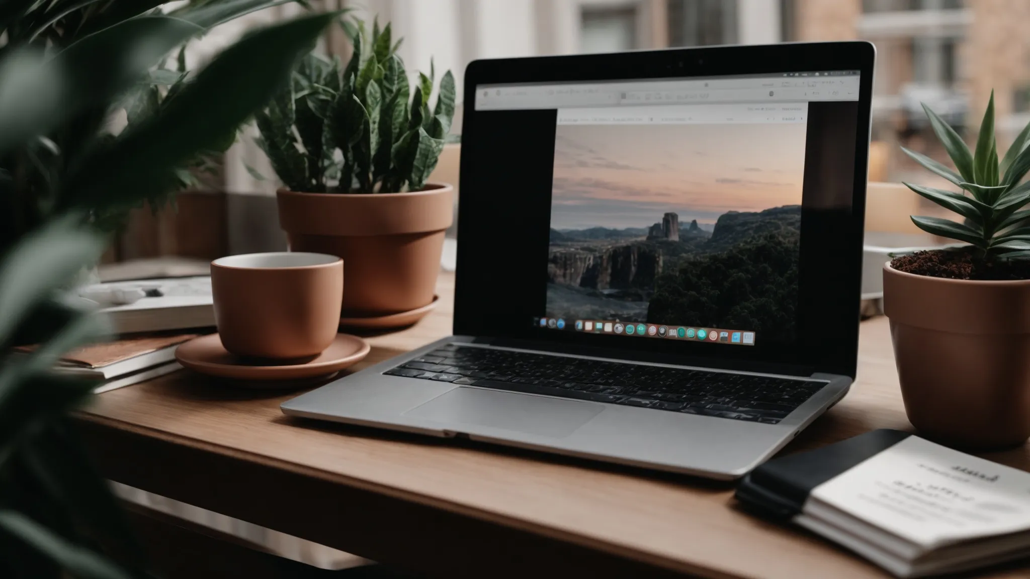 a laptop sits on a desk surrounded by marketing strategy papers and a cup of coffee, with a lush potted plant beside it.
