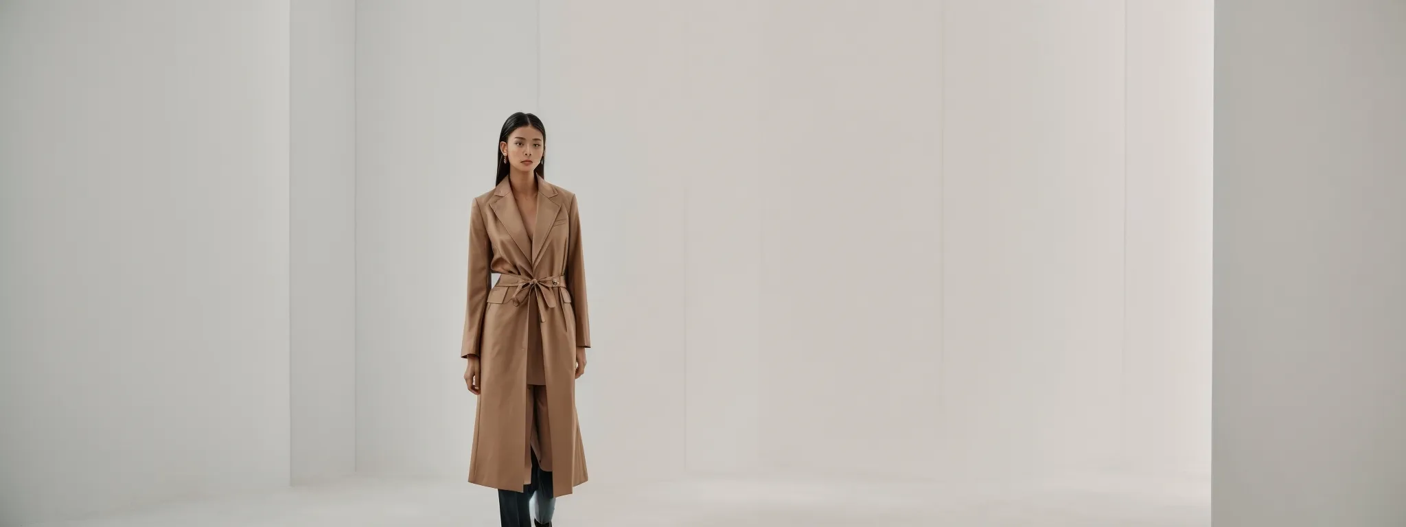 a model poses in a chic outfit against a minimalist backdrop, exuding fashion-forward elegance.