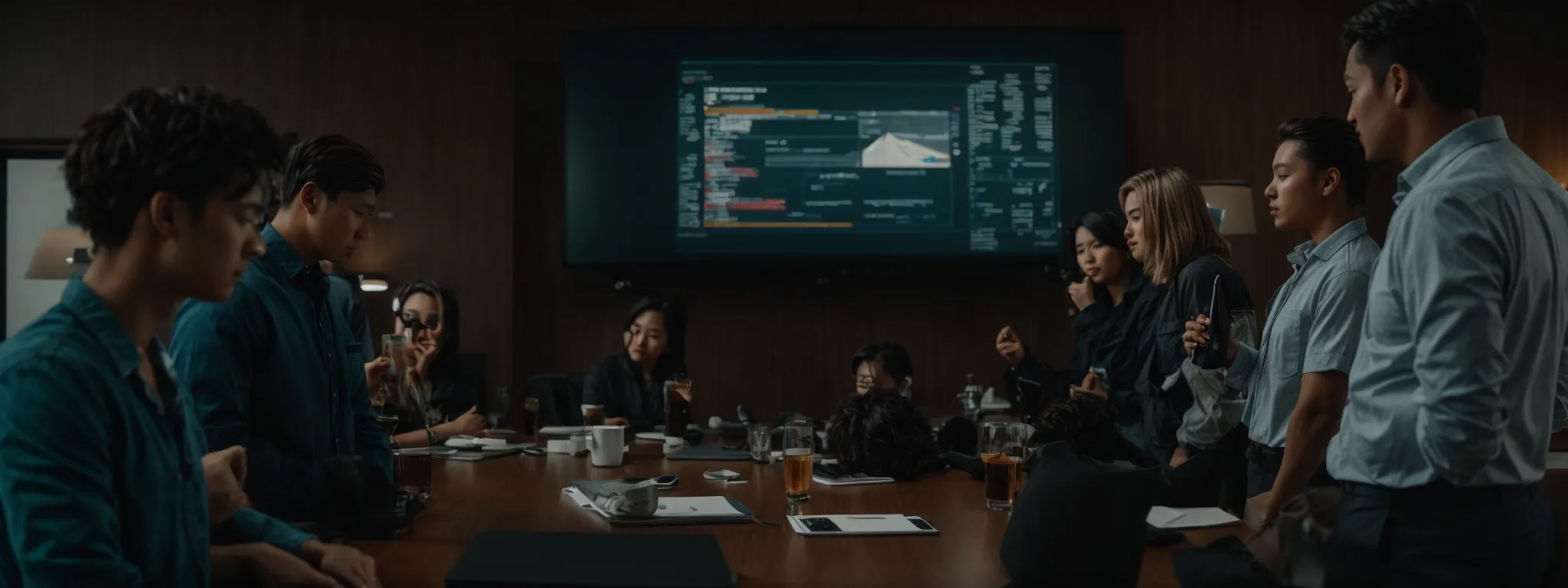 a group of professionals gathered around a digital screen, discussing a comprehensive marketing strategy.
