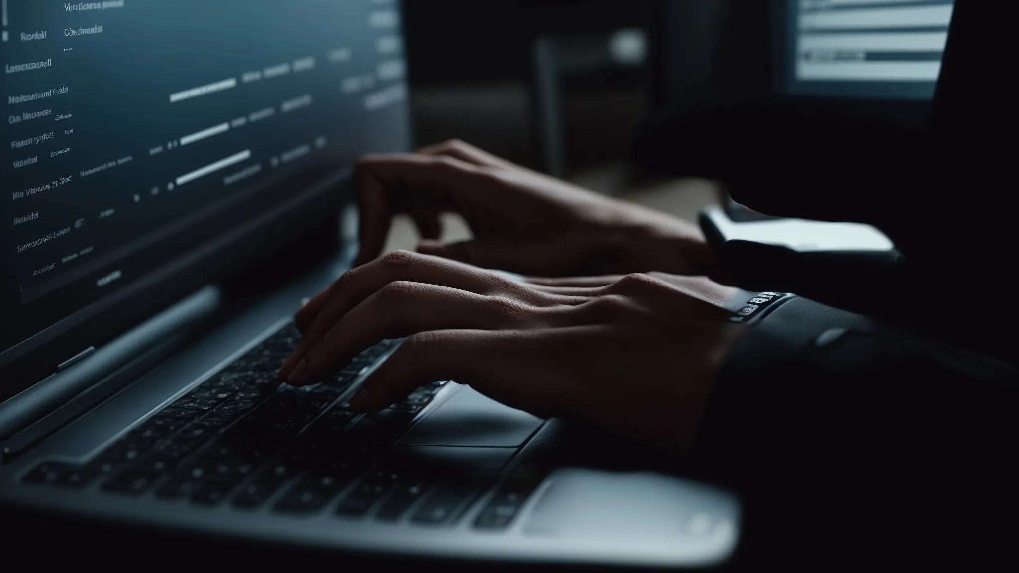 a close-up view of a person typing on a laptop with a search engine on the screen.