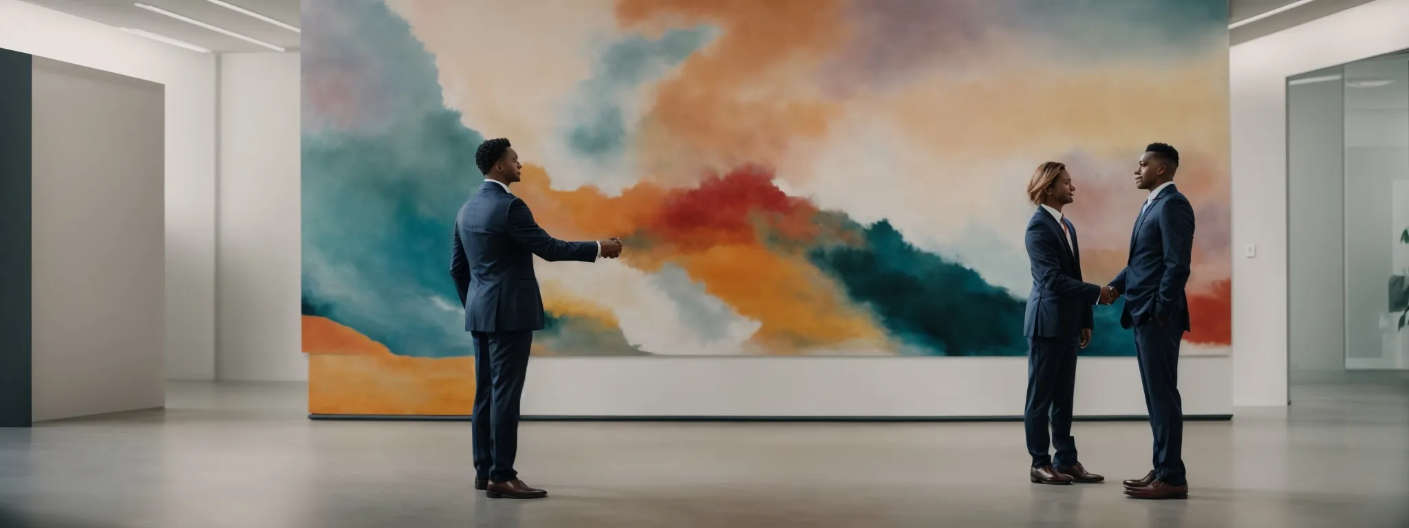 two individuals shaking hands in a modern office with a large abstract painting in the background, symbolizing a collaborative partnership.