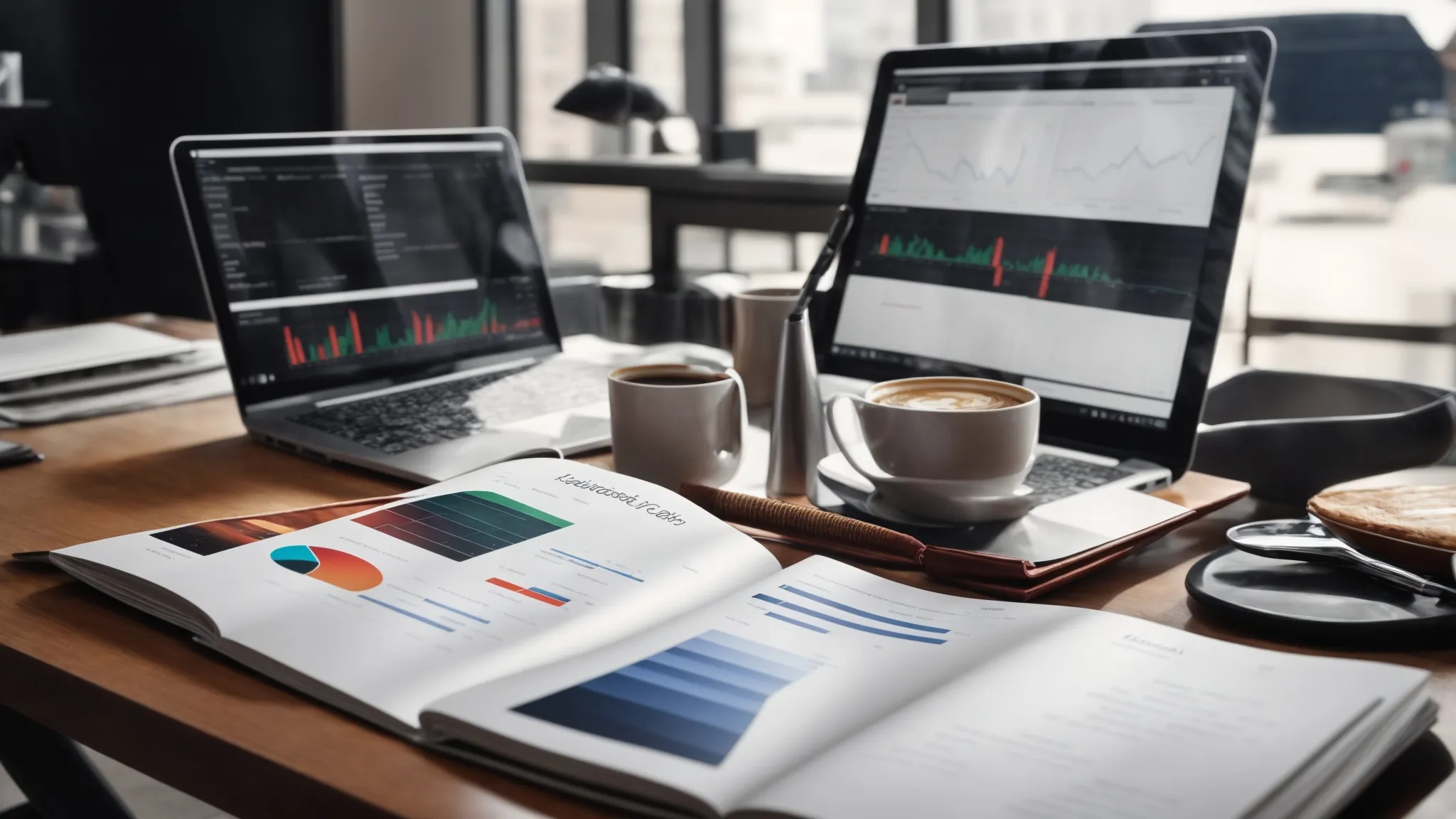 a laptop displaying graphs and charts on a table surrounded by coffee and marketing books in a bright office setting.
