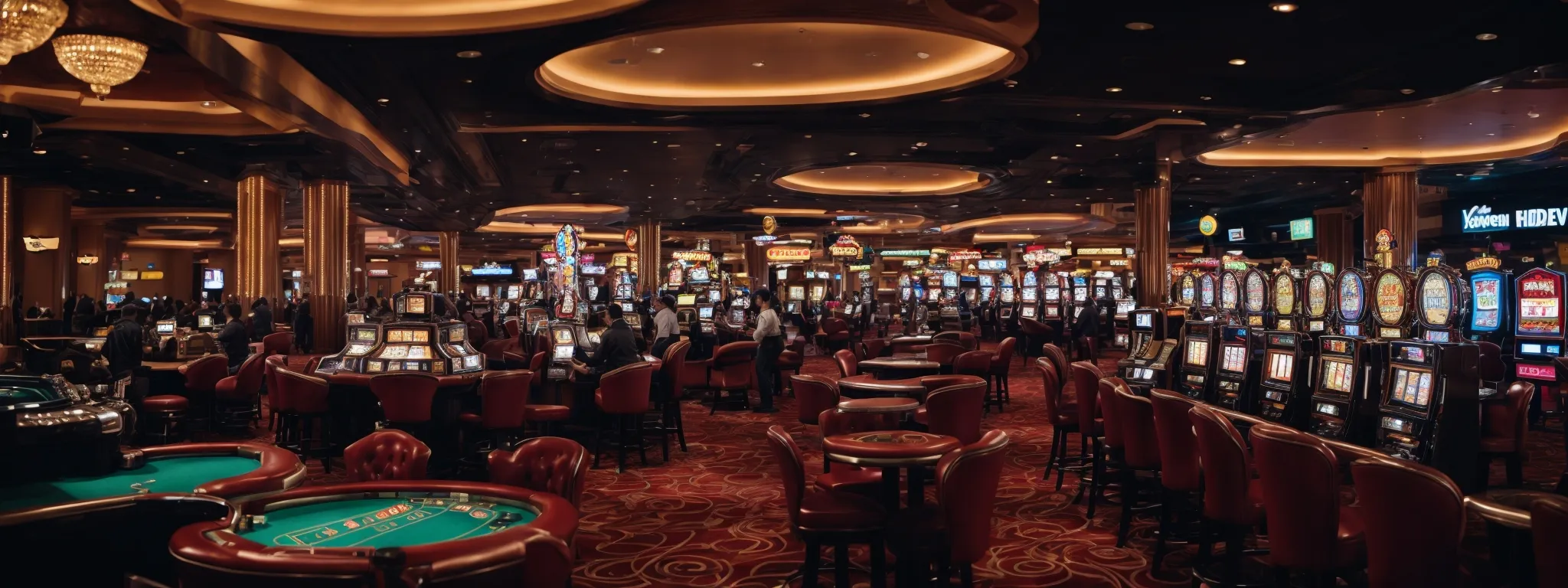 a bustling casino floor with an array of slot machines and gaming tables surrounded by bright lights and glitzy decor.