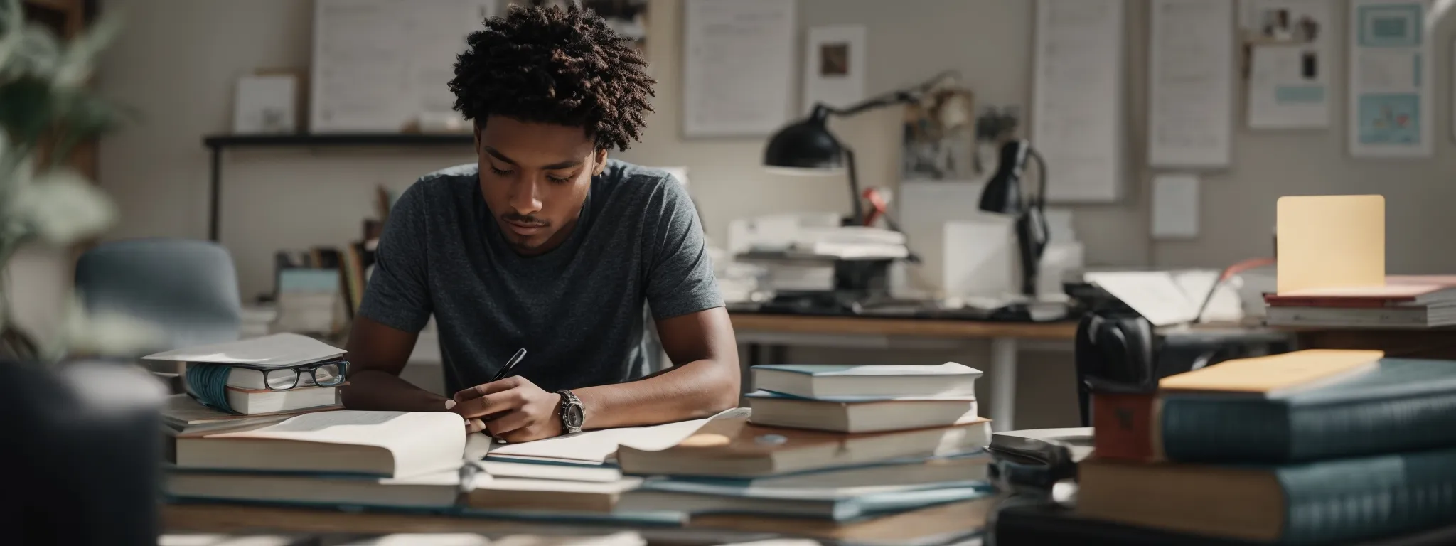 a focused student sits at a tidy desk with digital marketing textbooks and a personal planner amidst a calm study environment.