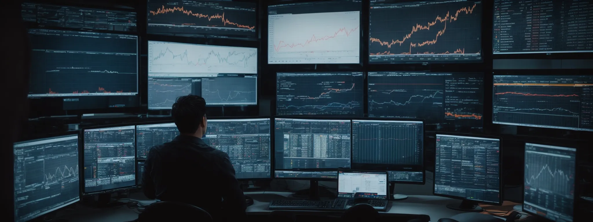 a person surrounded by multiple computer screens displays charts and graphs illustrating website traffic trends and keyword rankings.