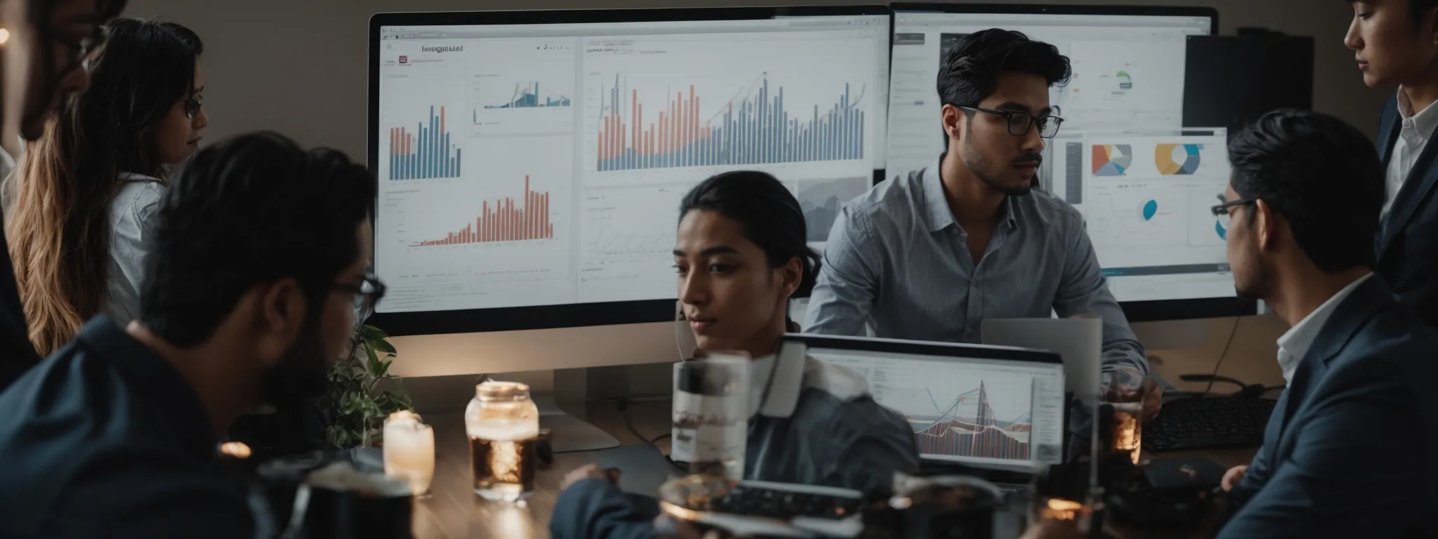 a group of digital marketers gathered around a computer screen, analyzing graphs and charts representing website traffic and seo rankings.
