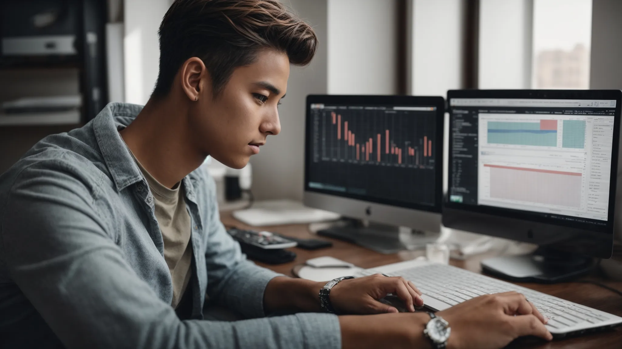 a beginner sits at a computer, analyzing graphs and data on a spreadsheet with open tabs for python coding and seo resources.