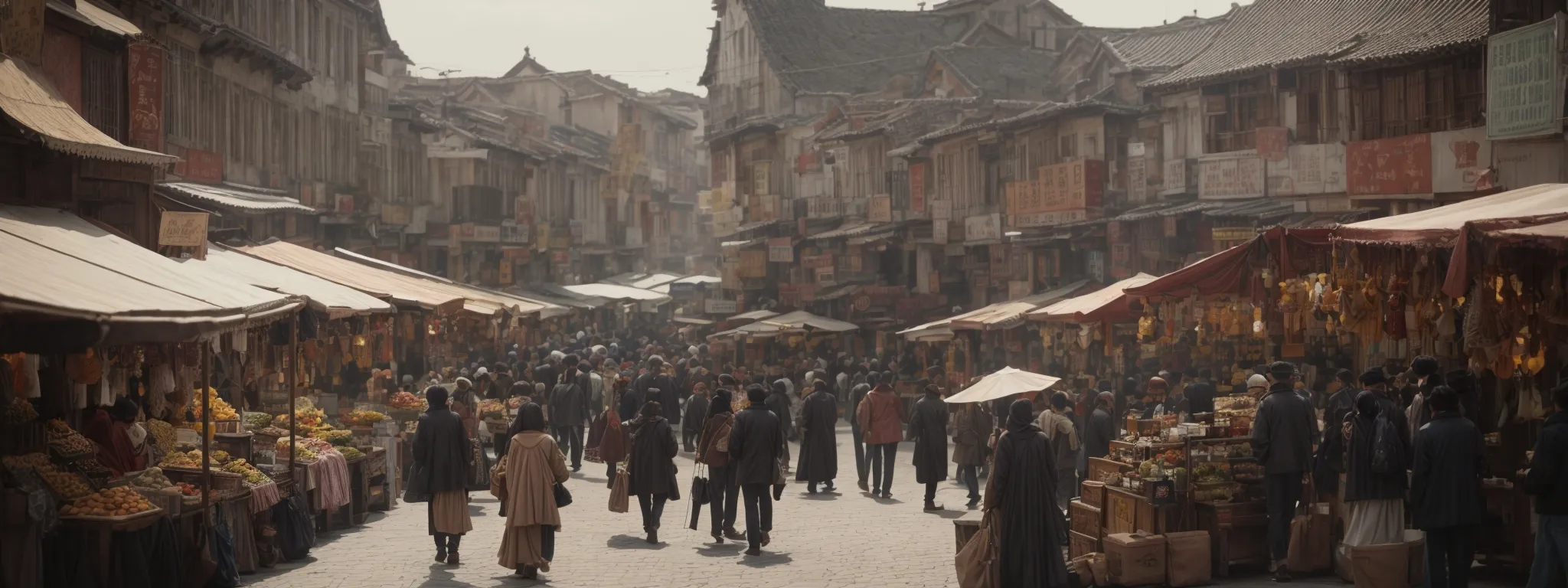 a bustling marketplace with diverse local shops inviting passersby inside.
