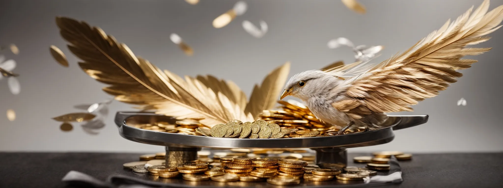 a scaled balance tilting under the weight of gold coins and silver feathers symbolizing the delicate trade-off between short-term performance and long-term seo strategy value.