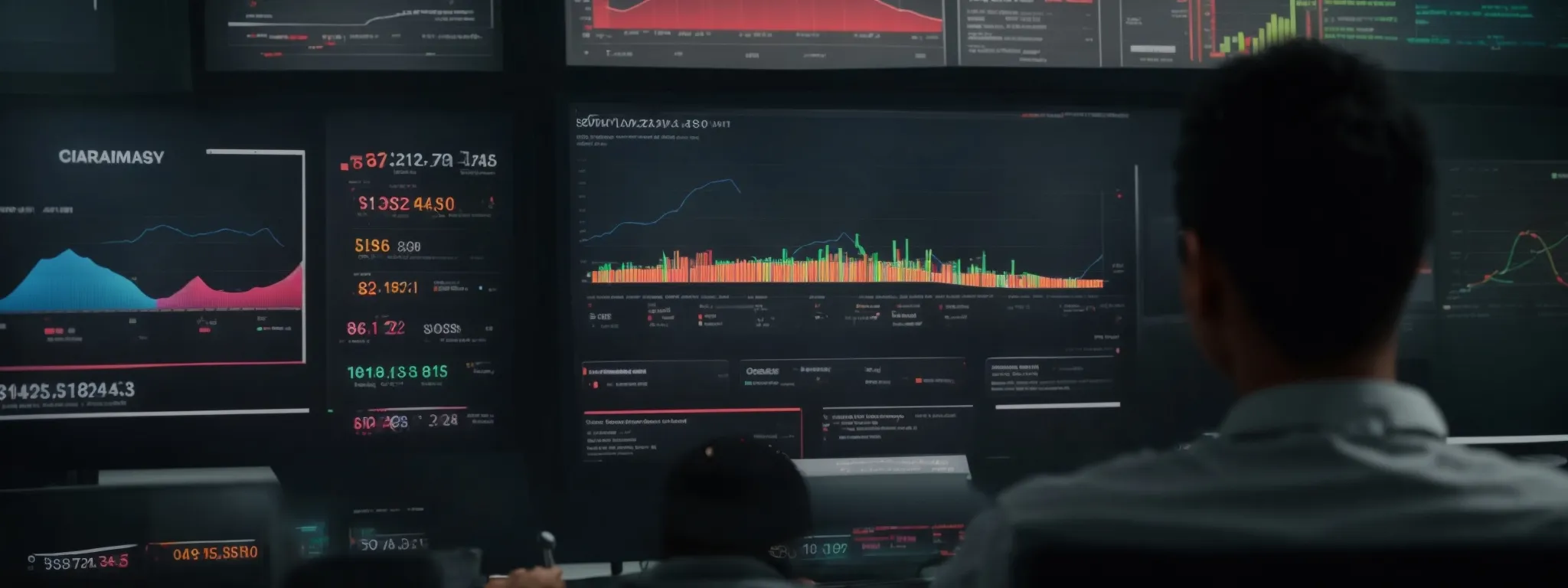 a person sits before a large screen displaying colorful graphs and marketing metrics, absorbed in a digital course.