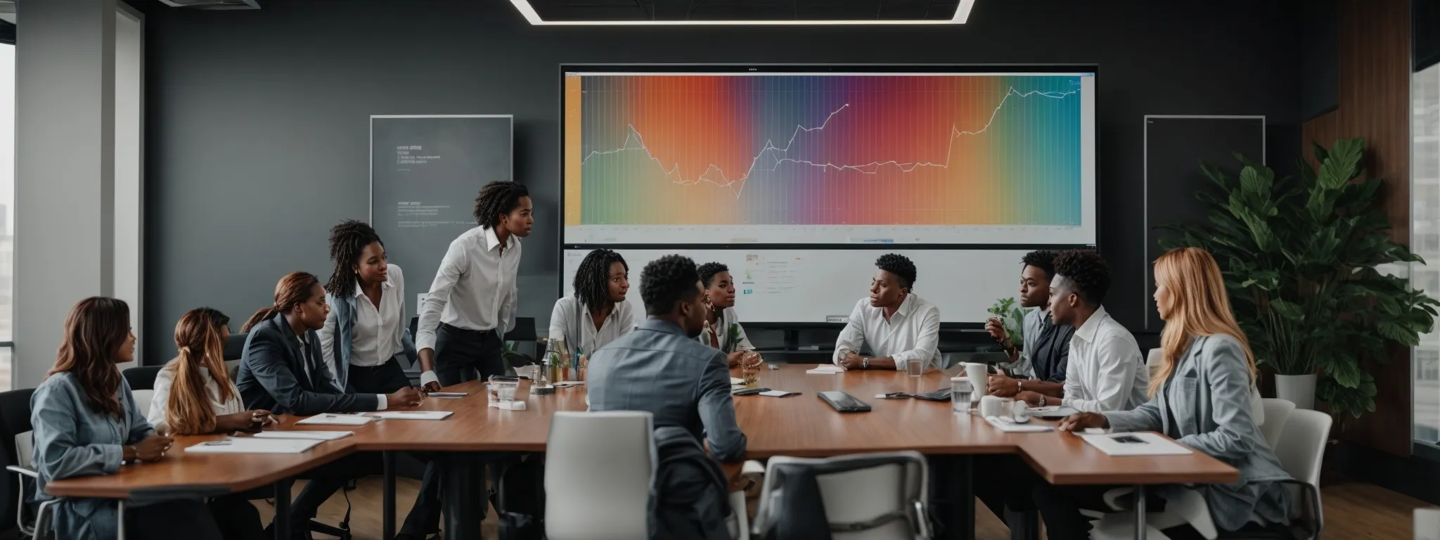 a diverse group of professionals collaborates around a modern conference table with a whiteboard displaying colorful seo trend graphs in the background.