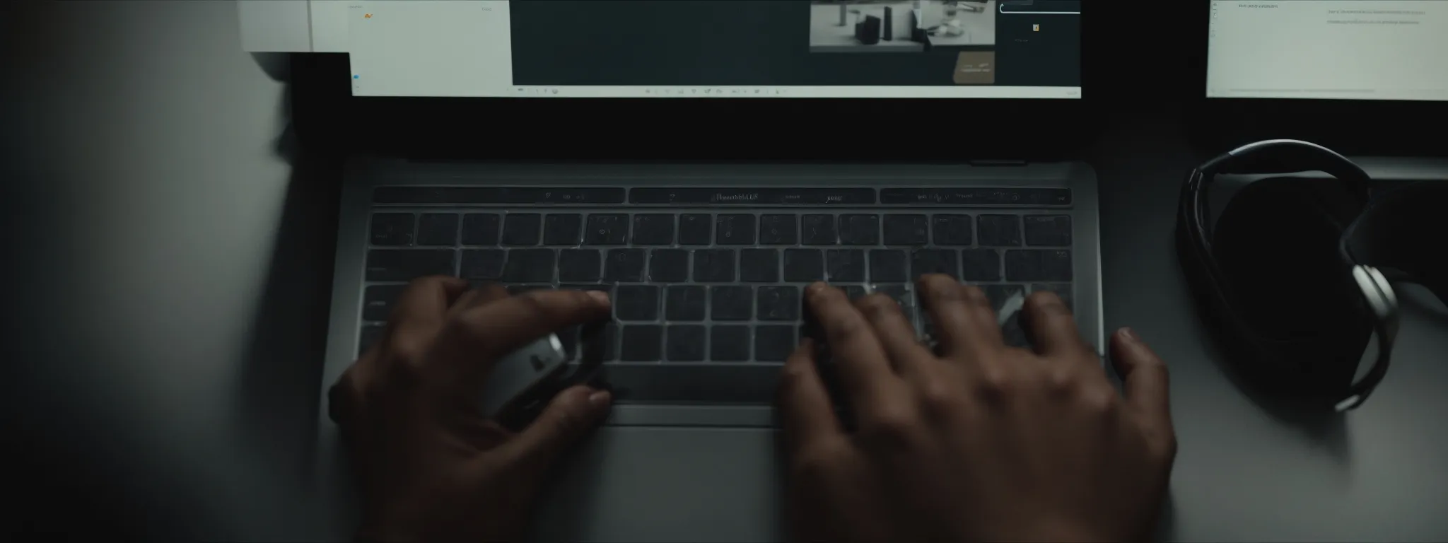 a close-up of a professional typing on a laptop in a well-organized office space.