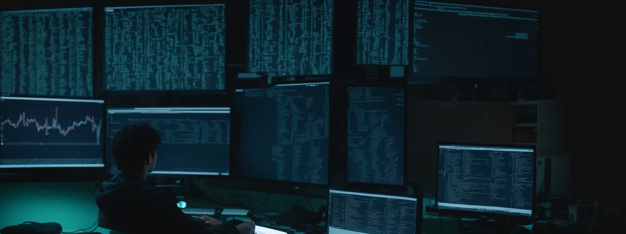 a person sits at a computer with multiple code-filled screens, illustrating python scripts for seo analysis.