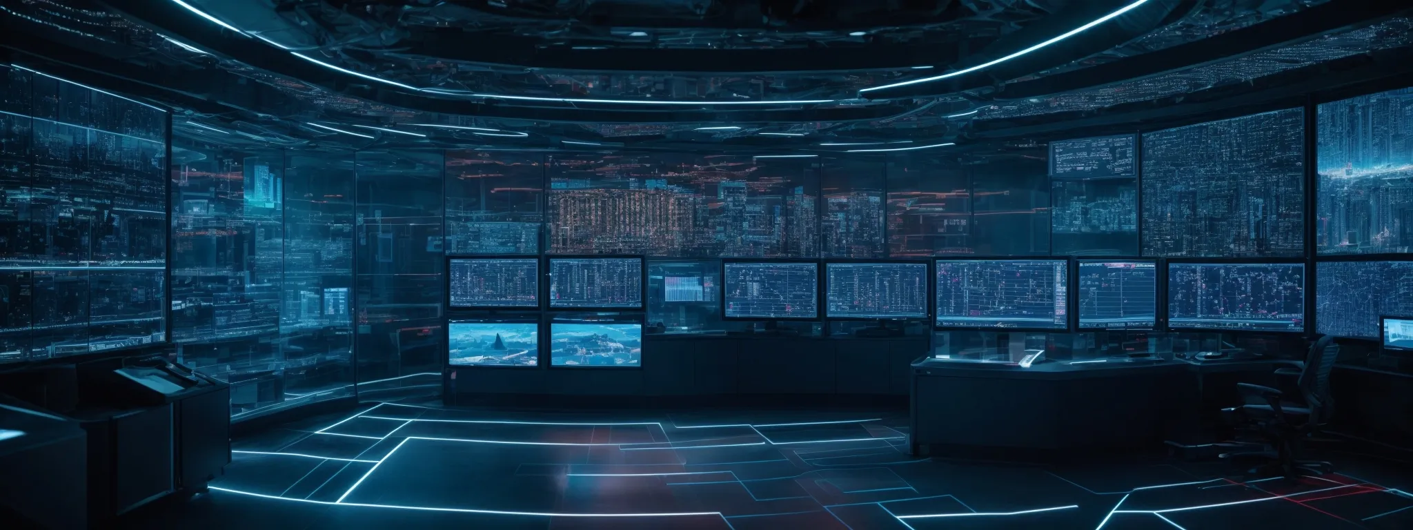 a panoramic view of a futuristic server room with screens displaying complex data patterns and graphs, symbolizing cutting-edge ai integration in video seo.