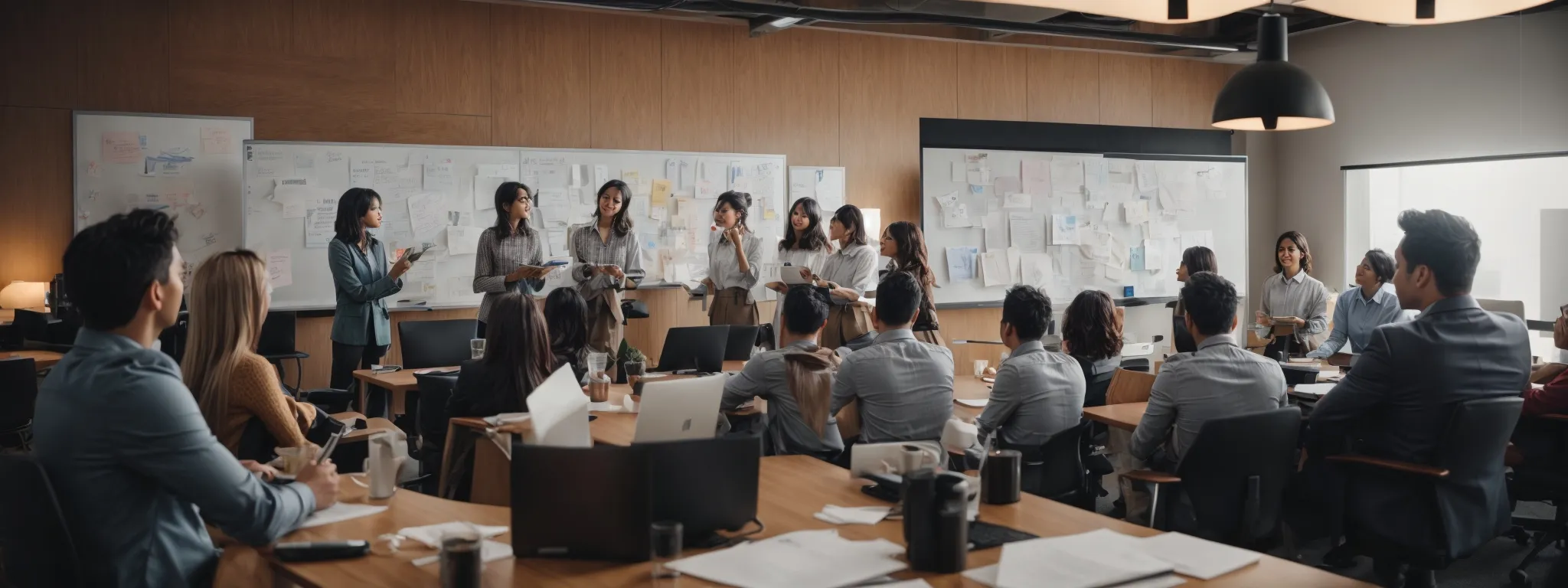 a lively brainstorming session with marketing professionals contemplating a multi-layered strategy beside computers and a whiteboard.