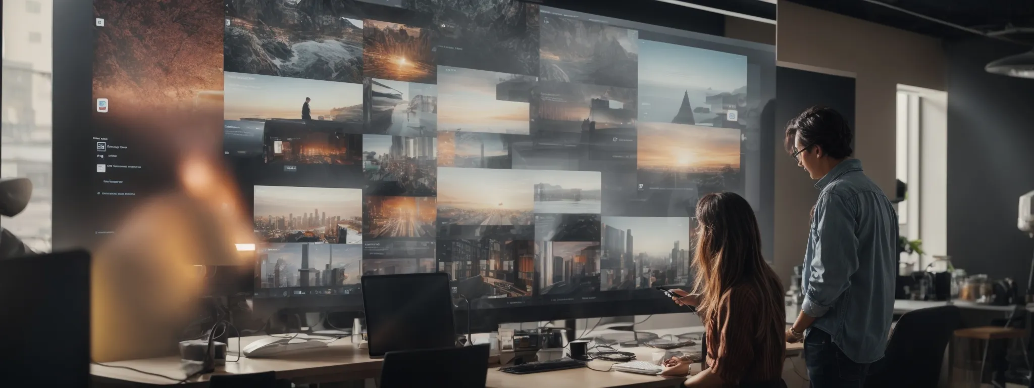 a designer at a casual, modern workspace interacting with a large, vibrant social media interface projected on a wall, symbolizing the connection between social engagement and seo enhancement.