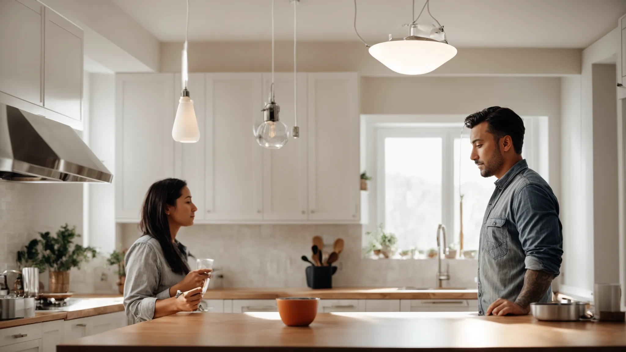 a confident electrician installs a modern light fixture in a bright kitchen as a homeowner watches with satisfaction.