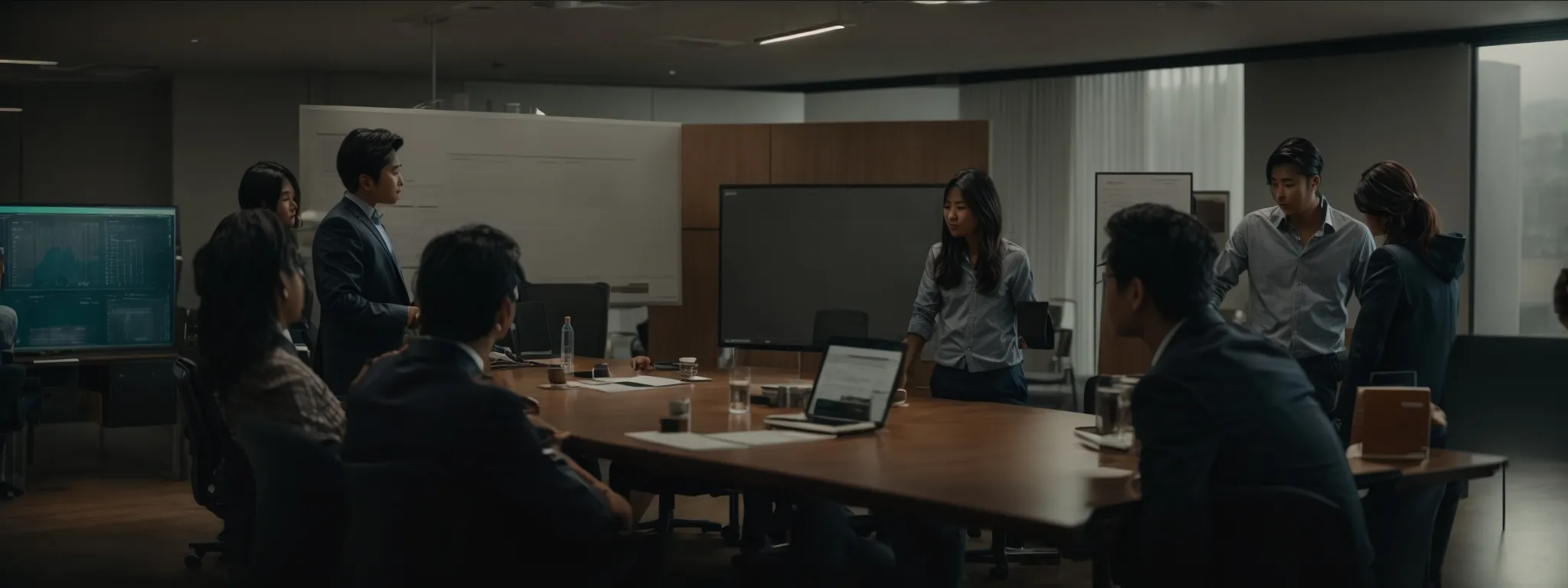 a group of professionals gather around a conference table with laptops open, discussing a visual presentation highlighted with growth charts.
