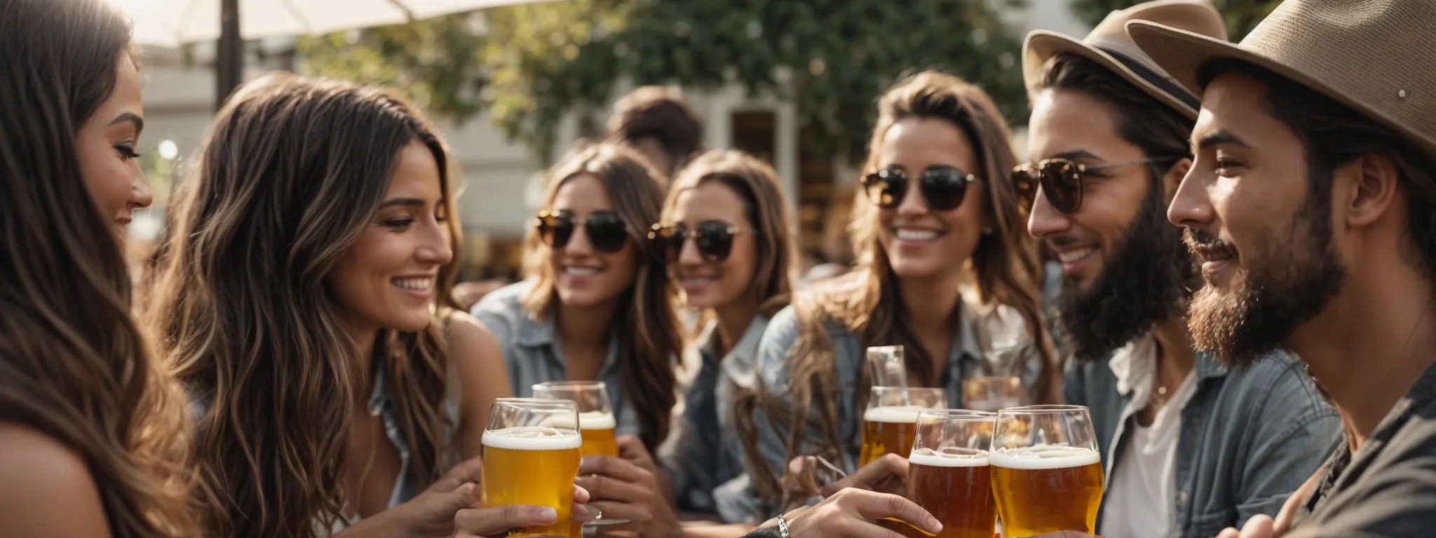 a group of friends clinking their craft beer glasses together at a sunlit outdoor brewery patio, with a focus on mobile phones placed on the table.