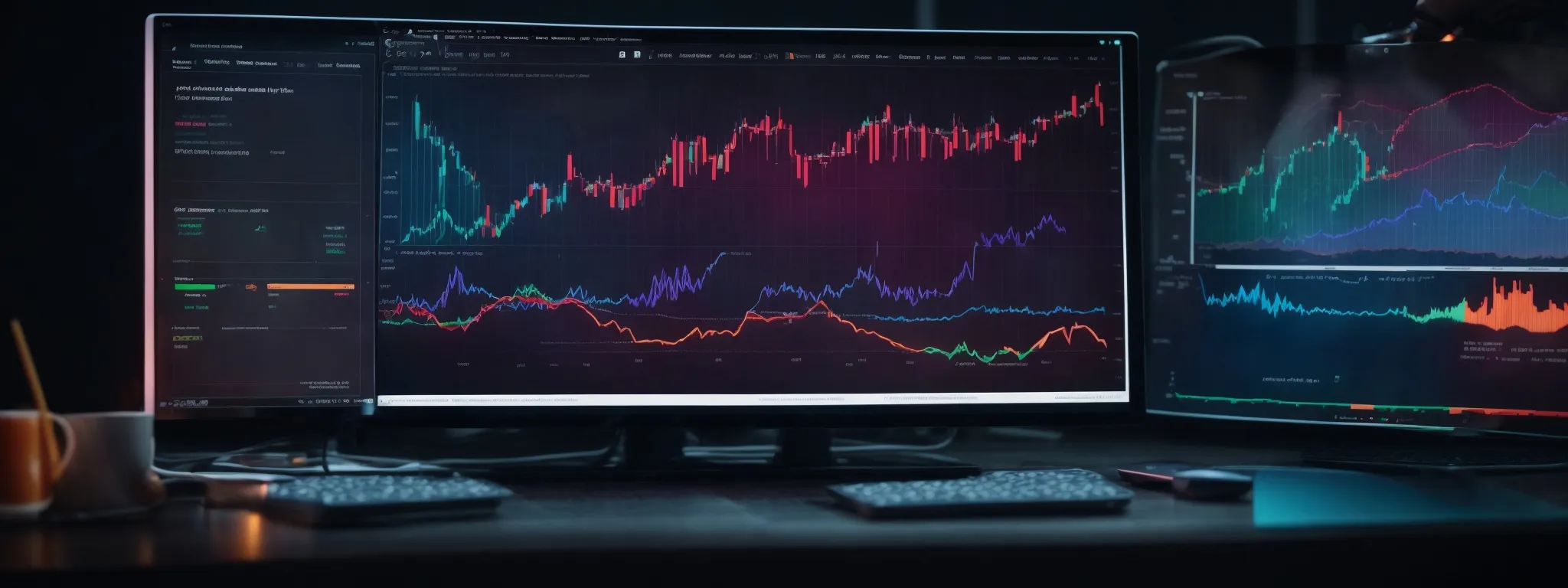 a computer screen displays colorful graphs and analytics, symbolizing seo tools analyzing keyword effectiveness.