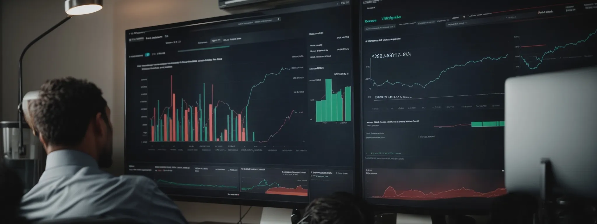 a loan officer gazes at a computer screen displaying graphs and analytics related to mortgage search trends.