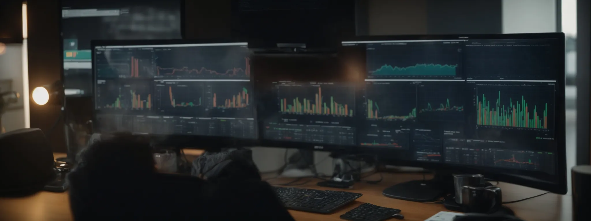 a marketing professional intently analyzes graphs and charts on a computer screen reflecting website traffic and performance metrics.